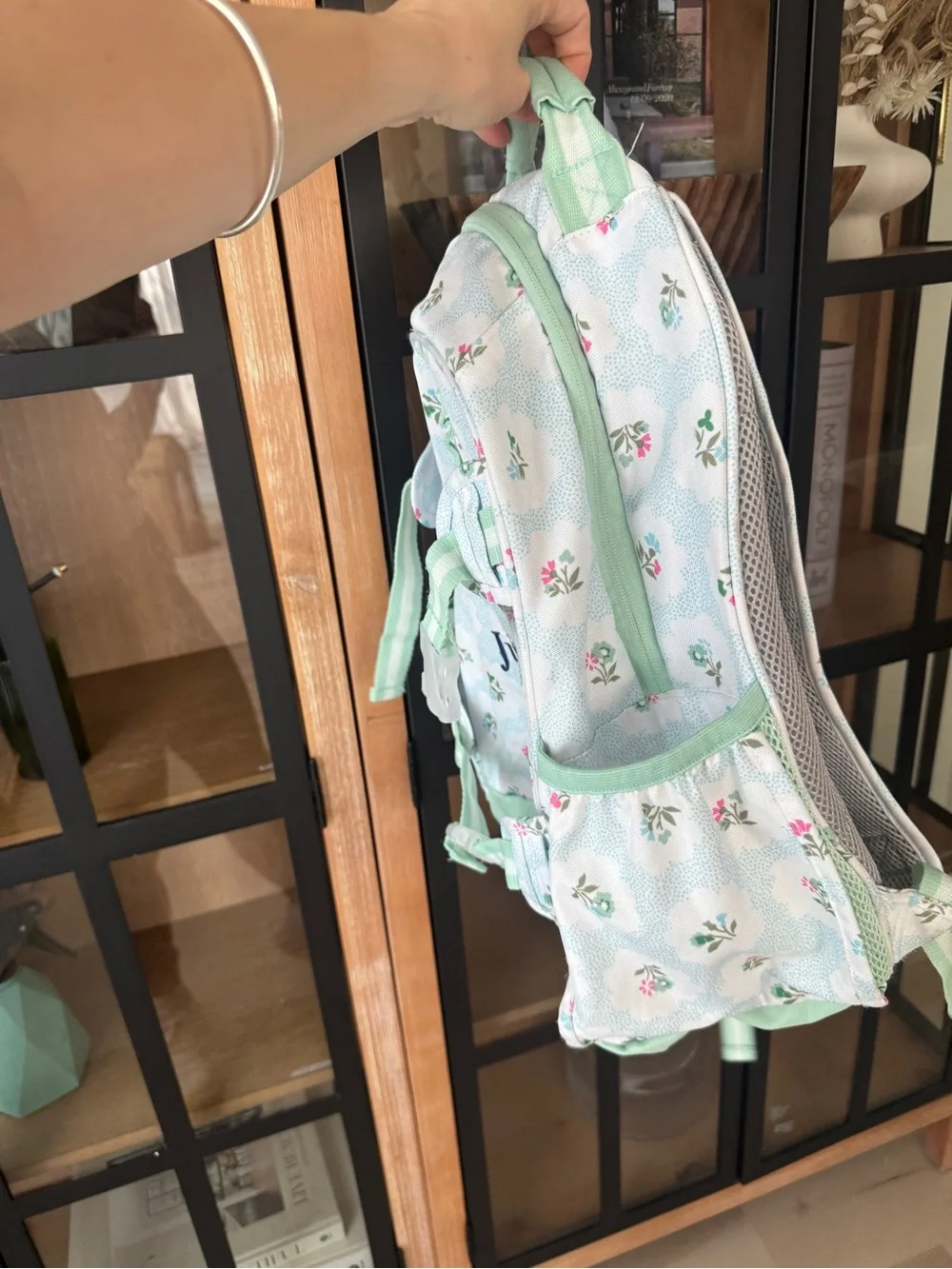 Juliet Pottery Barn Kids backpack floral block print mint pastel flowers large